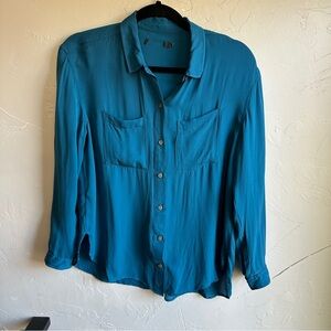 Pendleton 100% Silk Teal Button Up Quiet Luxury Minimalist Capsule Wardrobe Top